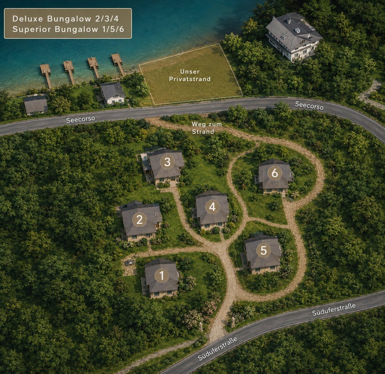 Lageplan der Seevillen Excelsior: sechs Bungalows im Park am Südufer des Wörthersees mit Privatstrand; Deluxe Bungalows 2, 3, 4 und Superior Bungalows 1, 5, 6